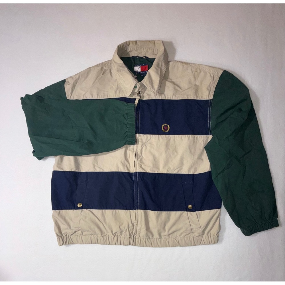 Tommy Hilfiger Windbreaker Jacket Mens M Tan Navy Green Excellent Colorblock 90s